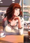  artofhuan blue_eyes breasts breasts_on_table brown_hair cleavage collarbone cup highres indoors lace large_breasts long_hair looking_to_the_side mature_female mole mole_under_eye mole_under_mouth original see-through see-through_skirt skirt solo_focus table teacup 