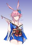  1girl absurdres animal_ears bare_shoulders blue_flower blue_kimono breasts cleavage cowboy_shot flower fox_ears grin hair_between_eyes hair_flower hair_ornament hfp~kubiao highres holding honkai_(series) honkai_impact_3rd japanese_clothes kimono kiseru looking_at_viewer pink_hair pipe purple_eyes smile smoking solo yae_sakura yae_sakura_(goushinnso_memento) 