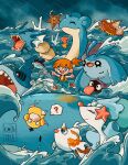  1girl :d ? artist_name chibi english_commentary finneon gen_1_pokemon gen_2_pokemon gen_3_pokemon gen_4_pokemon gen_7_pokemon goldeen gyarados highres lapras luvdisc magikarp mantyke misty_(pokemon) ocean open_mouth orange_hair pointing pokemon pokemon_(anime) pokemon_(classic_anime) pokemon_(creature) primarina psyduck rain remoraid running sharpedo shellder smile spoken_question_mark staryu teletelo wailord water 