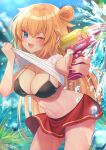  1girl ;d akai_haato bangs bikini bikini_under_clothes black_bikini blonde_hair blue_eyes blurry blurry_background blush breasts cleavage clothes_lift commentary_request cowboy_shot eyebrows_visible_through_hair hair_bun hands_up highres holding holding_water_gun hololive large_breasts lifted_by_self long_hair looking_at_viewer magowasabi miniskirt nail_polish navel one_eye_closed open_mouth red_nails red_skirt shirt shirt_lift short_sleeves side_bun signature skirt smile solo standing stomach string_bikini swimsuit twitter_username very_long_hair virtual_youtuber water water_gun wet white_shirt 