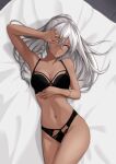  1girl bed bed_sheet black_bra black_panties bra bracelet braid breasts covering_one_eye cowboy_shot dark-skinned_female dark_skin girls&#039;_frontline girls&#039;_frontline_2:_exilium hair_between_eyes hakugin006 highleg highleg_panties highres jewelry lace-trimmed_bra lace-trimmed_panties lace_trim long_hair looking_at_viewer lying medium_breasts navel nemesis_(girls&#039;_frontline_2) on_back on_bed panties purple_eyes silver_hair solo stomach underwear underwear_only 