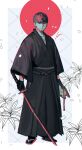  1boy absurdres alternate_costume bangs black_gloves btmr_game closed_mouth gloves hair_between_eyes hakama highres holding holding_sword holding_weapon japanese_clothes kimono long_sleeves male_focus narukami_yuu persona persona_4 rising_sun signature solo standing sunburst sword weapon wide_sleeves 