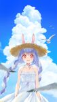  1girl absurdres animal_ears arms_at_sides bare_arms bare_shoulders blue_hair blue_sky blurry blush braid breasts bunny-shaped_pupils bunny_ears cleavage collarbone cowboy_shot depth_of_field dress frilled_dress frills halter_dress halterneck hat highres hikimayu hololive kabi_akaru long_hair looking_at_viewer multicolored_hair open_mouth rabbit_girl red_eyes short_eyebrows sky small_breasts smile solo spaghetti_strap straw_hat summer sun_hat sundress symbol_commentary thick_eyebrows twin_braids twintails two-tone_hair usada_pekora virtual_youtuber white_dress white_hair 