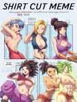 5girls abs android_18 arms_under_breasts aura background_text bare_shoulders black_eyes black_hair blonde_hair blue_eyes blue_hair breasts bulma caulifla chi-chi_(dragon_ball) cleavage_cutout clenched_teeth clothing_cutout dragon_ball dragon_ball_super dragon_ball_z green_hair highres holding jammeryx kale_(dragon_ball) large_breasts legendary_super_saiyan lifted_by_self multiple_girls navel no_bra no_pupils open_mouth pants ponytail purple_pants shirt_cut_meme short_hair sideboob sidelocks smile speech_bubble spiked_hair super_saiyan teeth topless watermark web_address 