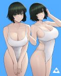  1girl bangs bare_shoulders blue_background blunt_bangs breasts cleavage closed_mouth donburi_(donburikazoku) fubuki_(one-punch_man) green_eyes green_hair hands_on_own_thighs highres large_breasts one-piece_swimsuit one-punch_man short_hair smile swimsuit thighs white_swimsuit 
