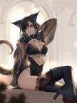  1girl animal_ears bangs black_hair boots breasts cat_ears cat_tail cleavage commission covered_navel crossed_legs english_commentary facial_mark final_fantasy final_fantasy_xiv high_heel_boots high_heels highres large_breasts long_hair mahoushani miqo&#039;te see-through_sleeves sitting slit_pupils solo tail thigh_boots thighhighs thighhighs_under_boots whisker_markings yellow_eyes 