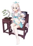  1girl bangs blue_eyes bonsai cat-quest-sun chair chinese_clothes closed_mouth fan full_body hair_between_eyes hair_ornament highres holding honkai_(series) honkai_impact_3rd looking_at_viewer simple_background sitting smile solo table theresa_apocalypse theresa_apocalypse_(starlit_astrologos) thighhighs white_background white_hair white_legwear zhuge_kongming_(honkai_impact) 