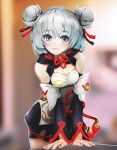  1girl bad_id bad_pixiv_id bangs bare_shoulders blue_eyes blurry blurry_background blush breasts chinese_clothes cleavage double_bun gimnang grin hair_between_eyes hair_ornament highres honkai_(series) honkai_impact_3rd looking_at_viewer small_breasts smile solo table theresa_apocalypse theresa_apocalypse_(valkyrie_pledge) white_hair 