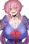  1girl blush bow breasts cleavage commentary gasai_yuno grin highres huge_breasts long_hair looking_at_viewer mirai_nikki ningensei open_mouth pink_eyes pink_hair red_eyes school_uniform sidelocks smile solo twintails upper_body white_background 