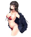  1girl absurdres bangs bare_shoulders bikini black_hair blush braid breasts cleavage collarbone collared_shirt commentary_request eyebrows_visible_through_hair glasses highres jacket lips long_hair long_sleeves looking_at_viewer navel off_shoulder open_clothes open_jacket open_shirt original red_bikini red_eyes round_eyewear shiny shiny_hair shiny_skin shirt sketch sleeve_cuffs solo stomach swimsuit thighs tied_hair warabino_matsuri 