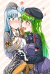  2girls alternate_costume alternate_hairstyle armband beret blue_hair blush cosplay costume_switch dulldull g28_(girls&#039;_frontline) german_flag german_text girls&#039;_frontline green_eyes green_hair hat highres hk416_(girls&#039;_frontline) incest iron_cross multiple_girls orange_eyes siblings sisters yuri 