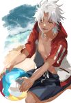  1boy amakusa_shirou_(fate) ball beach beachball blue_swim_trunks border collarbone commentary_request dark-skinned_male dark_skin earrings fate/grand_order fate_(series) highres hood hooded_jacket jacket jewelry kyouichi light_blush looking_at_viewer lower_teeth male_focus male_swimwear open_mouth red_jacket sand seiza shirtless short_hair short_sleeves sitting solo sweat water water_drop waves white_border white_hair 