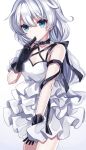  1girl bangs black_gloves blue_eyes breasts chabatake cleavage closed_mouth dress earrings gloves hair_between_eyes highres honkai_(series) honkai_impact_3rd jewelry long_hair looking_at_viewer sleeveless sleeveless_dress small_breasts solo theresa_apocalypse twintails white_background white_dress white_hair 