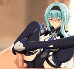  1boy 1girl bangs black_footwear black_hairband blue_hair blurry blurry_background blush bootjob boots breasts brown_eyes censored closed_mouth erection eula_(genshin_impact) footjob genshin_impact ginhaha hairband highres large_breasts medium_hair mosaic_censoring penis sitting solo_focus thigh_boots thigh_strap thighhighs thighs vision_(genshin_impact) 