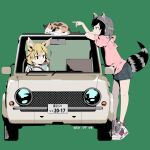  2girls alternate_costume animal_ears black_hair blonde_hair blue_dress car casual cat commentary_request common_raccoon_(kemono_friends) denim denim_skirt dress extra_ears eyebrows_visible_through_hair fennec_(kemono_friends) fox_ears fox_girl grey_hair ground_vehicle highres hood hood_down kemono_friends miniskirt motor_vehicle multicolored_hair multiple_girls nanana_(nanana_iz) nissan_pao pink_sweater poking raccoon_ears raccoon_girl raccoon_tail shoes short_hair skirt sneakers striped striped_dress sweater tail tiptoes white_hair 