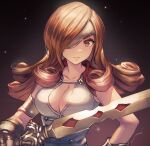  1girl anbe_yoshirou armlet beatrix_(ff9) breasts brown_eyes brown_hair cleavage commentary_request curly_hair eyepatch final_fantasy final_fantasy_ix fingerless_gloves gloves highres holding holding_sword holding_weapon looking_at_viewer medium_hair save_the_queen signature simple_background solo sword upper_body weapon 