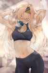  1girl amunero_(kyouka_jinrui_amunero) arms_up bangs bike_shorts black_shorts black_sports_bra blonde_hair blurry blurry_background blush breasts cleavage closed_mouth commentary frown glaring hairband half-closed_eyes hands_in_hair highres hyocorou large_breasts looking_at_viewer mouth_hold navel open_mouth original shorts solo sports_bra standing steam sweat yellow_eyes yellow_hairband 