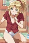  1girl bangs bathtub blonde_hair braid breasts brushing_teeth collarbone collared_shirt fate/apocrypha fate_(series) french_braid green_eyes hair_ornament hair_scrunchie highres long_hair looking_at_viewer mordred_(fate) mordred_(fate)_(all) panties parted_bangs ponytail red_shirt scrunchie shirt short_sleeves sidelocks sitting small_breasts solo thighs tonee toothbrush_in_mouth underwear white_panties 