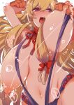  1girl absurdres alternate_costume areolae arm_grab bangs behind_another blonde_hair blush bow_swimsuit breast_milk breast_pull breast_squeeze breasts choker commentary_request droplets eyebrows_visible_through_hair groin highres hip_focus huge_breasts lactation long_hair motion_lines navel nipples nose_blush open_mouth outline pink_eyes purple_swimsuit ribbon_choker sagging_breasts sayakata_katsumi simple_background slingshot_swimsuit solo swimsuit torogao touhou upper_body very_long_hair white_background yakumo_yukari 