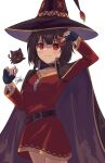  1girl :o absurdres arm_up bangs black_cape black_cat black_gloves black_hair black_headwear blush brown_choker cape cat choker chomusuke dress eyebrows_visible_through_hair eyepatch fingerless_gloves gloves hair_between_eyes hat highres kono_subarashii_sekai_ni_shukufuku_wo! long_hair long_sleeves looking_at_viewer megumin red_dress red_eyes simple_background solo upper_body white_background witch_hat ziddol 