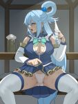  1girl absurdres alcohol aqua_(konosuba) bare_shoulders beer beer_mug blue_eyes blue_hair breasts cleavage clothes_lift cup detached_sleeves fan highres kono_subarashii_sekai_ni_shukufuku_wo! lifted_by_self long_hair mug open_mouth panties pleated_skirt ponytail sitting skirt skirt_lift solo spread_legs sweat teeth thighhighs underwear white_legwear white_panties zako8211 