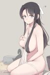  1girl animal apron aqua_eyes black_hair breasts cat collarbone eyebrows_visible_through_hair folait food grey_background hand_on_own_chest highres large_breasts long_hair looking_at_viewer naked_apron original simple_background sitting solo thighs wariza white_apron 