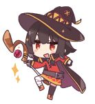  1girl :d bandages belt blush brown_belt brown_hair cape chibi dress hat kono_subarashii_sekai_ni_shukufuku_wo! megumin open_mouth orb red_dress red_eyes shine short_hair smile solo thighhighs wand witch_hat yoru_nai 