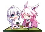  2girls animal_ears antenna_hair artist_request bangs bare_shoulders blue_eyes braid braided_ponytail chibi closed_eyes closed_mouth cup food fox_ears hair_between_eyes holding holding_food honkai_(series) honkai_impact_3rd kallen_kaslana long_hair long_sleeves multiple_girls on_floor onigiri open_mouth pink_hair seiza simple_background sitting smile teacup teapot white_background white_hair yae_sakura yae_sakura_(gyakushinn_miko) 