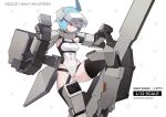  1girl ahoge armor blue_hair commentary_request covered_navel english_text gun head_mounted_display highres holding holding_weapon leotard mecha_musume original red_eyes rifle sadcat science_fiction serious short_hair solo weapon 
