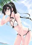  1girl alternate_costume arm_up bangs bare_arms bare_legs bare_shoulders beach bent_over bikini black_hair blue_sky blush breasts collarbone commentary_request cowboy_shot day eyebrows_visible_through_hair glasses hair_between_eyes hairband hand_on_own_head kantai_collection light_rays long_hair looking_at_viewer mikage_takashi navel ooyodo_(kancolle) outdoors palm_tree ponytail semi-rimless_eyewear side-tie_bikini sidelocks sky small_breasts smile solo standing sunbeam sunlight swimsuit tree twitter_username under-rim_eyewear white_bikini 