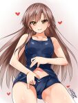  1girl alternate_costume arashio_(kancolle) ass_visible_through_thighs blue_swimsuit blush breasts brown_eyes brown_hair clothes_lift collarbone cowboy_shot dated eyebrows_visible_through_hair gradient gradient_background heart highres kantai_collection long_hair looking_at_viewer navel old_school_swimsuit one-hour_drawing_challenge one-piece_swimsuit parted_lips pink_background school_swimsuit school_swimsuit_flap small_breasts smile solo swimsuit swimsuit_lift takase_muh twitter_username white_background 