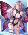  1girl adjusting_hair ai_tkkm alternate_costume bare_arms bare_legs black_swimsuit breasts cleavage fairy fairy_wings fire_emblem fire_emblem_heroes grey_hair grin highres large_breasts long_hair one-piece_swimsuit plumeria_(fire_emblem) pointy_ears ponytail red_eyes smile solo swimsuit very_long_hair water wings 