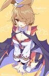  1girl althemia animal_ears bangs blonde_hair breasts bunny_ears cape dragalia_lost eyebrows_visible_through_hair hair_over_one_eye halloween_costume hat kneeling looking_at_viewer medium_breasts mini_hat mini_top_hat mishima_kurone official_alternate_costume open_mouth purple_eyes short_hair skull_collar solo top_hat yellow_background 