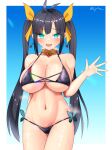  1girl :d antenna_hair aqua_eyes arm_behind_back bangs bare_shoulders bikini black_bikini black_hair blue_background blunt_bangs blush breasts cleavage collar collarbone commentary_request covered_nipples cowboy_shot earrings eyebrows_visible_through_hair groin hair_ribbon hand_up heavy_breathing highres jewelry large_breasts long_hair looking_at_viewer lower_teeth navel open_mouth original ribbon sidelocks smile solo standing stomach sunlight sweat swimsuit twintails twitter_username underboob utsuro_(lyons) yellow_ribbon 