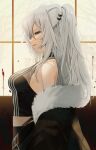  1girl animal_ears blood blood_splatter ear_piercing fang fur-trimmed_jacket fur_trim gotou_(nekocat) grey_eyes grey_hair highres hololive jacket lion_ears long_hair midriff off-shoulder_jacket off_shoulder piercing profile shishiro_botan signature virtual_youtuber window 