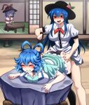  3girls :d aqua_dress bangs bdsm bent_over black_headwear black_panties blue_hair blush blush_stickers bow bowtie breasts capelet censored center_frills chain cleavage clenched_teeth closed_eyes collar commentary_request cup day doggystyle dress drill_hair drill_locks frills futa_with_female futanari grabbing hair_between_eyes hair_ornament hair_rings hair_stick hat hat_bow hat_ribbon highres hinanawi_tenshi holding holding_cup kaku_seiga kneeling looking_to_the_side medium_breasts mosaic_censoring multiple_girls nagae_iku nose_blush open_mouth outdoors panties puffy_short_sleeves puffy_sleeves purple_hair red_bow red_eyes red_ribbon ribbon rock rope sex sex_from_behind shimenawa shirt short_hair short_sleeves sliding_doors smile table tatami teeth tongue tongue_out touhou twin_drills underwear vest white_shirt white_vest yagami_(mukage) 