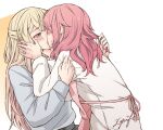  2girls aiiro_bokujuu apron bang_dream! blonde_hair blush half_updo hand_in_another&#039;s_hair hand_on_another&#039;s_face highres kiss long_hair maruyama_aya medium_hair multiple_girls pink_hair shirasagi_chisato signature sweat upper_body yuri 