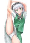  1girl arms_up clothes_lift flexible green_eyes green_skirt green_vest hairband hands_on_own_leg highres kneepits konpaku_youmu kubure leg_lift leg_up legs panties ribbon shirt short_hair short_sleeves silver_hair simple_background skirt skirt_lift smile solo split standing standing_on_one_leg standing_split thighs touhou underwear upskirt vest white_background white_panties white_shirt 