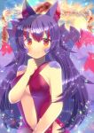  1girl animal_ear_fluff animal_ears bangs bare_arms bare_shoulders blush breasts closed_mouth commentary_request dress eyebrows_visible_through_hair fox_ears fox_girl fox_tail hair_between_eyes hand_up kou_hiyoyo kyuubi medium_breasts multicolored_hair multiple_tails navel original purple_hair red_dress red_eyes red_hair smile solo streaked_hair tail tail_raised 
