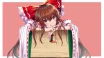  1girl absurdres afueeriru bow box brown_eyes brown_hair camera detached_sleeves frilled_bow frills hair_bow hair_tubes hakurei_reimu highres japanese_clothes long_hair miko nontraditional_miko red_bow ribbon-trimmed_sleeves ribbon_trim sidelocks touhou wood wooden_box yellow_neckwear 
