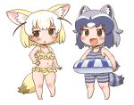  2girls animal_ears arm_at_side bangs barefoot bikini black_hair blonde_hair brown_eyes chestnut_mouth chibi commentary_request common_raccoon_(kemono_friends) extra_ears eyebrows_visible_through_hair fang fennec_(kemono_friends) fox_ears fox_girl fox_tail full_body gerotan grey_hair hand_on_hip kemono_friends looking_at_viewer medium_hair multicolored_hair multiple_girls navel one-piece_swimsuit parted_lips raccoon_ears raccoon_girl raccoon_tail simple_background smile standing stomach swimsuit tail two-tone_hair white_background white_hair 