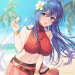  1girl alternate_costume awayuki_ramika bare_shoulders beach bikini blue_eyes blue_hair blush bracelet breasts caeda_(fire_emblem) commentary commentary_request day fire_emblem fire_emblem:_shadow_dragon_and_the_blade_of_light fire_emblem_heroes flower hair_flower hair_ornament jewelry large_breasts looking_at_viewer midriff navel open_mouth palm_tree red_bikini red_swimsuit sarong see-through shell sideboob smile swimsuit tree 