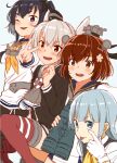  4girls akanbe amatsukaze_(kancolle) bangs binoculars black_dress black_hair black_legwear blue_eyes blue_sailor_collar blunt_bangs blush brown_eyes brown_hair dress eyebrows_visible_through_hair flower gloves grey_hair grey_neckwear hair_flower hair_ornament hair_tubes hatsukaze_(kancolle) headgear holding holding_binoculars kantai_collection light_blue_background light_blue_hair long_hair long_sleeves multiple_girls one_eye_closed open_mouth pantyhose purple_eyes red_legwear remodel_(kantai_collection) sailor_collar sailor_dress shirt short_hair short_hair_with_long_locks silver_hair simple_background striped striped_legwear sweat thighhighs tokitsukaze_(kancolle) tongue tongue_out two_side_up upper_teeth v watanore white_dress white_gloves white_sailor_collar white_shirt yellow_neckwear yukikaze_(kancolle) 