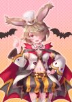  1girl althemia animal_ears bangs bat belt blonde_hair breasts bunny_ears cocoasabure dragalia_lost eyebrows_visible_through_hair garter_straps halloween_costume hat highres looking_at_viewer medium_breasts mini_hat mini_top_hat navel official_alternate_costume open_mouth red_eyes short_hair solo top_hat 