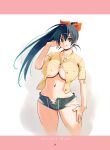  1girl bangs black_eyes black_hair breasts cowboy_shot hand_on_own_thigh hand_to_head high_ponytail highres huge_breasts letterboxed long_hair navel nipples no_bra original page_number partially_unbuttoned photoshop_(medium) ryoji_(nomura_ryouji) short_shorts short_sleeves shorts smile solo torn_clothes underboob 