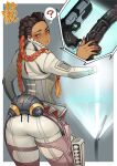  1girl ? apex_legends ass black_hair braid breasts corset curvy dark-skinned_female dark_skin dildo eyeshadow fingernails forehead from_behind gun hair_behind_ear handgun hologram holster horse_dildo huge_dildo large_breasts loba_(apex_legends) long_fingernails makeup multicolored_hair neone orange_nails p2020_(pistol) pistol red_eyeshadow red_hair sex_toy skin_tight solo spoken_question_mark thick_thighs thigh_holster thighs thought_bubble twin_braids two-tone_hair weapon yellow_eyes 