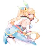 1girl bangs bare_back bare_shoulders blonde_hair breasts dragalia_lost elisanne fruitfroze highres long_hair looking_at_viewer medium_breasts open_mouth ponytail purple_eyes solo thighhighs 