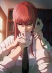  1girl absurdres bangs biting black_neckwear chainsaw_man commentary_request finger_biting fingernails highres ichi_yoshida indoors long_hair long_sleeves looking_at_viewer makima_(chainsaw_man) necktie red_hair shirt smile solo_focus teeth upper_body white_shirt yellow_eyes 