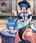  3girls :d ahegao aqua_dress bangs bdsm bent_over black_headwear blue_eyes blue_hair blush blush_stickers bow bowtie breasts capelet censored center_frills chain cleavage collar commentary_request cup day doggystyle dress drill_hair drill_locks frills futa_with_female futanari grabbing hair_between_eyes hair_ornament hair_rings hair_stick hat hat_bow hat_ribbon highres hinanawi_tenshi holding holding_cup kaku_seiga kneeling looking_to_the_side medium_breasts mosaic_censoring multiple_girls multiple_views nagae_iku nose_blush open_mouth outdoors panties panties_aside petticoat puffy_short_sleeves puffy_sleeves purple_hair red_bow red_eyes red_ribbon ribbon rock rope sex sex_from_behind shimenawa shirt short_hair short_sleeves sliding_doors smile table tatami tongue tongue_out touhou twin_drills underwear vest white_shirt white_vest yagami_(mukage) 
