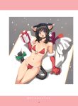  1girl animal_ears bangs bell bikini black_hair blue_eyes blush bow box breasts cat_ears cat_tail covered_nipples elbow_gloves eyebrows_visible_through_hair feet_out_of_frame fur_trim gift gift_box gloves highres holding holding_gift large_breasts looking_at_viewer looking_back medium_hair open_mouth original page_number photoshop_(medium) reclining red_bikini ryoji_(nomura_ryouji) sack santa_bikini side-tie_bikini snowing snowman_earrings solo swimsuit tail tail_bow tail_ornament 